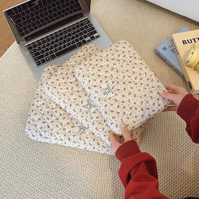 Puffy Laptop Sleeve 13-15.6 Inch Corduroy Quilted Laptop Protective Case Cute Floral Computer Sleeve Protective for MacBook