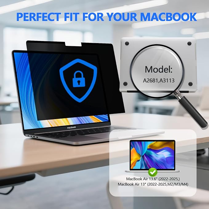 Magnetic Privacy Screen Protector for MacBook Air 13.6 & 13 Inch (2022-2026, M2/M3/M4/M5), Removable Anti Spy Glare Blue Light Shield for 13.6" Mac Laptop Privacy Filter