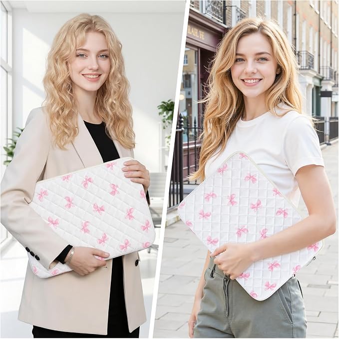 13-14 inch Cotton Quilted Laptop Sleeve for Women, Aesthetic Puffy Laptop Case Carrying Bag Compatible with MacBook Air/Pro 13/Pro 14, Soft Computer Liner Bag (Pink Bow, 13.3 inch)