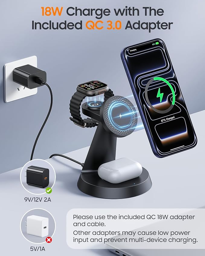Meifigno 3 in 1 Magnetic Charging Station for Apple Devices, 15W Fast Wireless Charger Compatible with MagSafe Charging Stand for iPhone 17-12 Series, Watch Charger Stand for Apple Watch & Earbuds