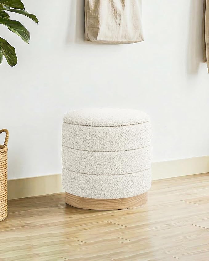 B FSOBEIIALEO Round Storage Ottoman with Tray, Folding Ottoman with Storage Coffee Table Foot Rest for Dorm Room Living Room Chenille Fabric,White,15.35"x15.35"x14.57"