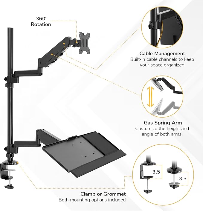 Mount-It! Sit-Stand Monitor Arm Desk Mount with Keyboard Tray, Single Monitor Fits Up to 32”, Height Adjustable Gas Spring, Full Motion Articulating Arm, Clamp or Grommet, Black
