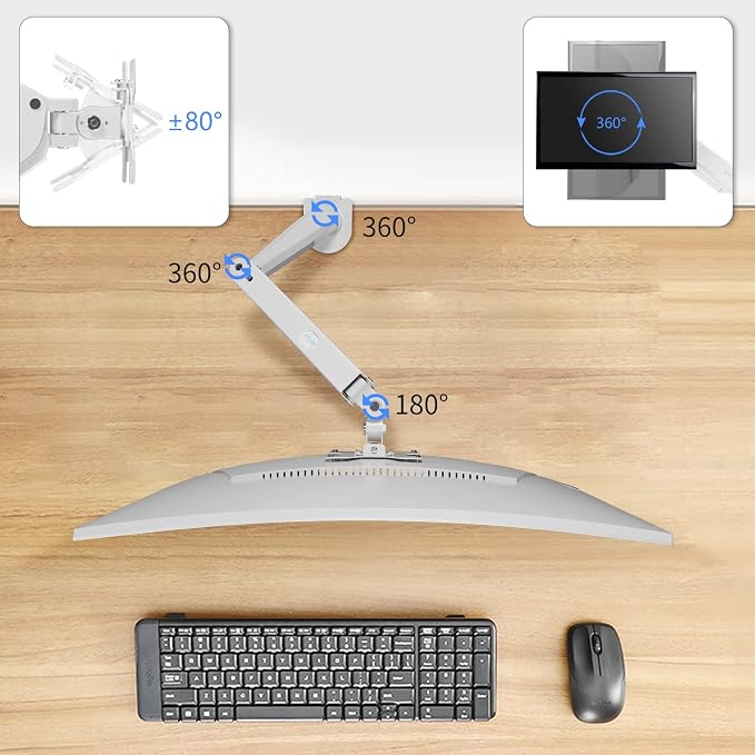Pholiten Single Monitor Mount, Fully Adjustable Gas Spring Single Monitor Arm for up to 32 inch Screens, Computer Monitor Stand for Desk Holds up to 24lb, VESA 75/100mm, White
