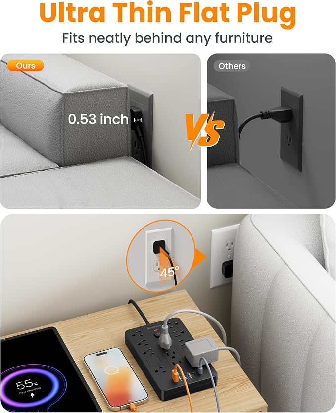 Surge Protector Power Strip - 11 Outlets(1850W/15A/14AWG) with 6 USB Ports(2 USB C), 20FT Flat Plug Extension Cord, Wall Mount, Black, ETL Listed for Home, Dorm Room