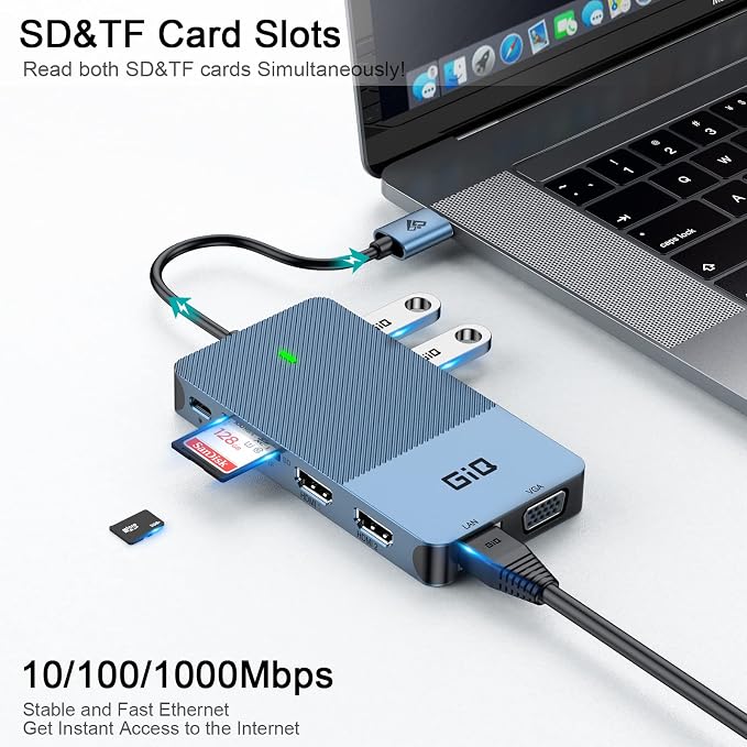 USB Docking Station GIQ USB C hub USB 3.0 to Dual HDMI VGA Adapter Triple Display USB C Laptop Docking Station Dual Display Compatible with MacBook M1 USB Dock-Blue