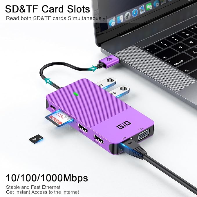 USB Docking Station GIQ USB C hub USB 3.0 to Dual HDMI VGA Adapter Triple Display USB C Laptop Docking Station Dual Display Compatible with MacBook M1 USB Dock-Purple
