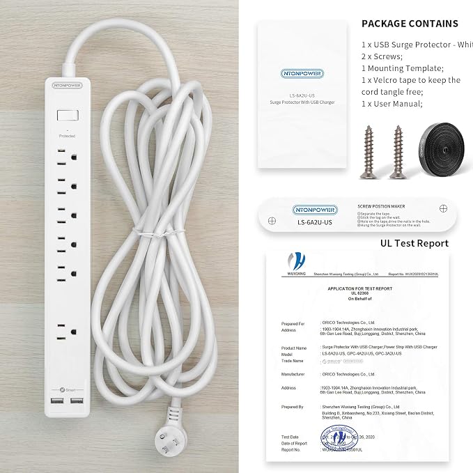 Extension Cord 15 ft, 6 Outlets Outlet, Heavy Duty Long Power Strip Flat Plug, 1875W Flat Plug, Widely Spaced Outlet, Wall Mount for TV Dorm Office Home Theater, White