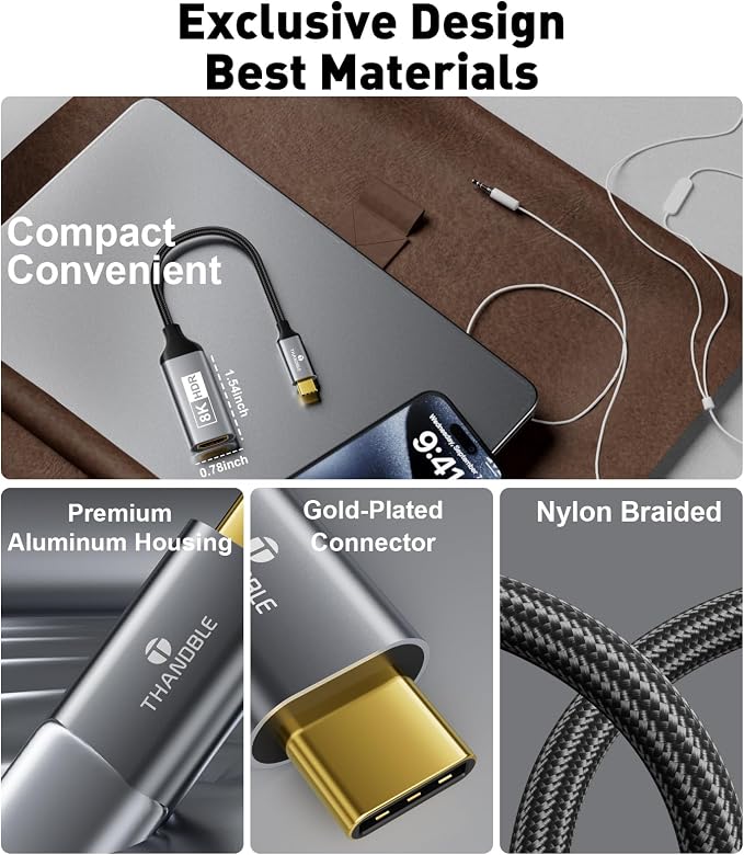 USB C to HDMI 2.1 Adapter, Support 8K@60Hz and 4K 120Hz, Dynamic HDR, Thunderbolt 3/4/5, USB 4 Port, Type C to HDMI Adapter for MacBook Pro/Air, XPS, ThinkPad, iPhone 15/16 Series