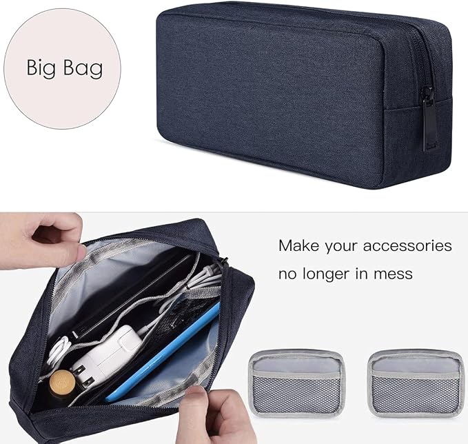 CAAORDKSO Electronic Organizer Accessory Pouch, Travel Electronic Accessories Storage Case Cable Organizer Bag for MacBook Charger, Power Bank, Hard Drive, Cords, Laptop Mouse (Small+Big, Navy Blue)