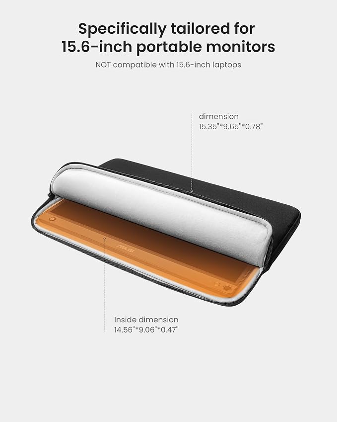 tomtoc Light-A18 Slim 15.6 Inch Portable Monitor Case with Acessories Storage, Light Protective Carrying Sleeve for Most 15.6 in Portable Monitors with Eco-Friendly Fabric