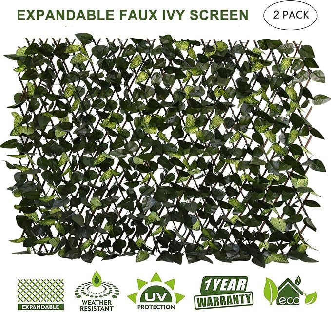 GLANT Expandable Fence Privacy Screen for Balcony Patio Outdoor,Decorative Faux Ivy Fencing Panel,Artificial Hedges (Single Sided Leaves) (2, Green-Verdant)
