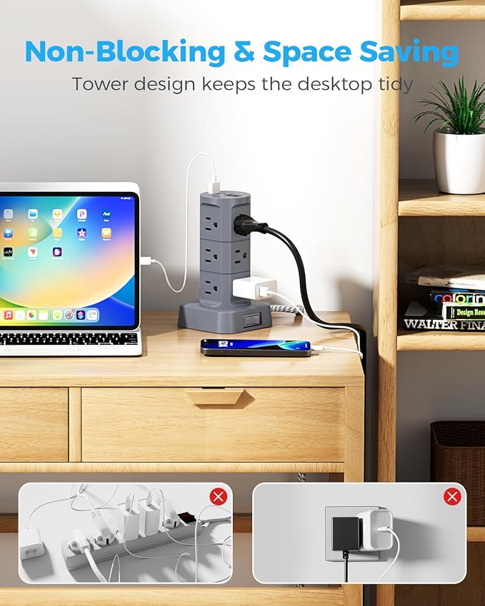 Charging Station Tower, Power Strips with Surge Protection, Flat Plug, 12 Outlets 4 USB Ports, 1875W/15A 1080J 6Ft Extension Cord with Multiple Outlets, Office Desk Supplies, Dorm Essentials, Gray