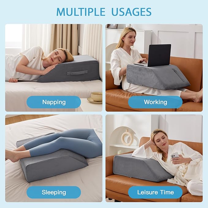 MEGCXIT Leg Pillow Elevation Blood Circulation, Leg Wedge for Elevation for Swelling, Leg Elevating Pillow for After Surgery Memory Foam Foot Knee Pillow for Back Sleeping 24×19×8 Inch Grey Plush