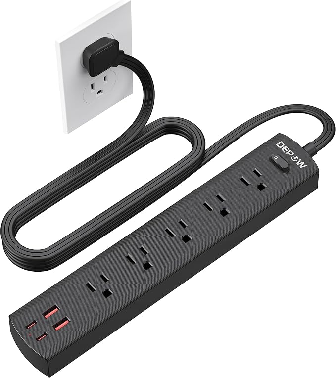 DEPOW Black Surge Protector Power Strip, Ultra Thin 5 Ft Flat Plug Extension Cord, 1700 Joules, 5 Widely Spaced Outlets with 4 USB Ports (2USB-C), 1625W/13A, Wall Mount for Home Office, Black