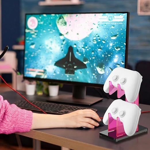 NiHome Rose Pink Acrylic 2-Tier Universal Game Controller Headset Holder Stand for PS5 Xbox ONE Switch Colorful Controller Stand Gaming Accessories Anti-Slip Stable Acrylic Clear Headphone Holder