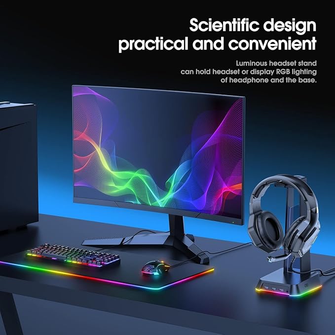 PHNIXGAM RGB Headphone Stand with 3.5mm AUX and 3 Port USB 2.0 Hub, Universal Gaming Headset Hanger Holder for Computer Gaming Gamer Accessories (Black)