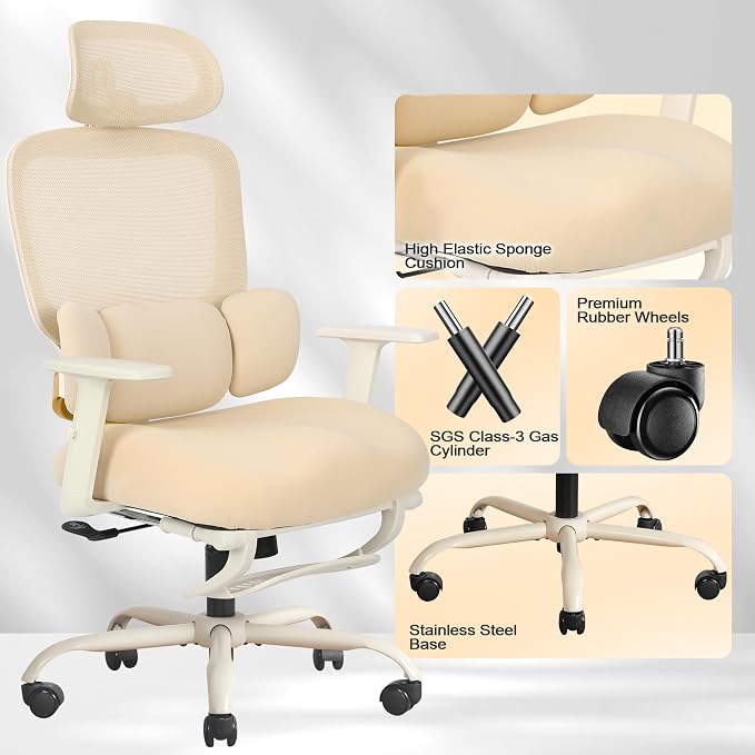 Ergonomic Office Chair with Footrest, Mesh Desk Chair with Adjustable Headrest & Armrests & Dynamic Floating Wing Lumbar Support, High Back Computer Chair for Home Office, BIFMA Certified, Beige