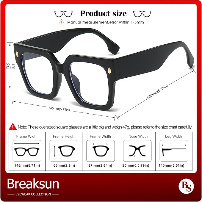 Breaksun Fashion Oversized Blue Light Blocking Glasses for Women Men Trendy Big Square Frame Computer Eyeglasses