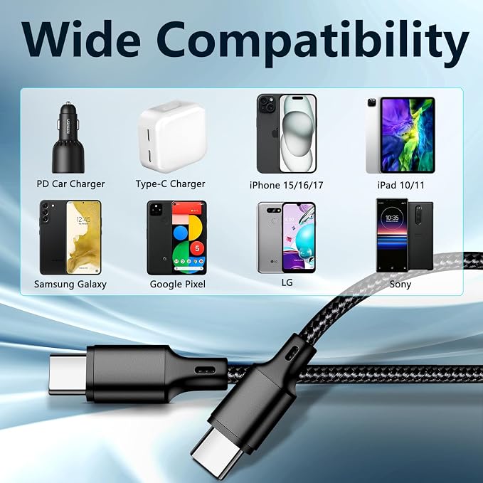 USB C to USB C Charger Cable, 3Pack 6FT Type C Fast Charging Cord Compatible for iPhone 15/16/17/Pro/Max/Plus, iPad Pro Air Ps5 Controller Samsung Galaxy - Black