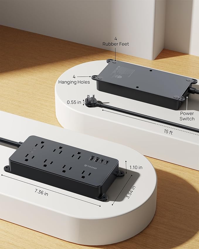 TROND Surge Protector Power Strip, Flat Plug 15ft Long Extension Cord, 7 Widely-Spaced Outlets with 4 USB Ports, ETL Listed, 1700J, Wall Mountable, for Home Office Garage, Black