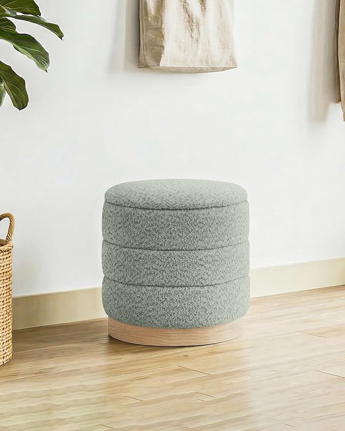 B FSOBEIIALEO Round Storage Ottoman with Tray, Folding Ottoman with Storage Coffee Table Foot Rest for Dorm Room Living Room Chenille Fabric,Sage Green,15.35"x15.35"x14.57"