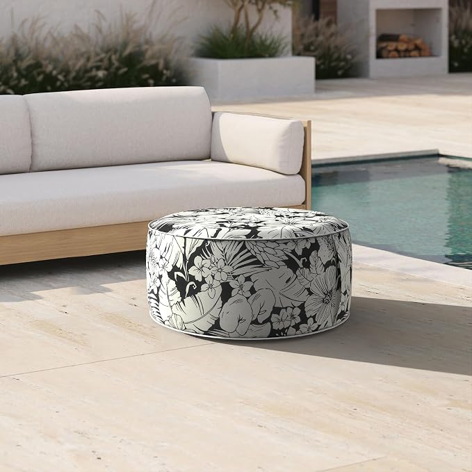 DYTXIII Inflatable Ottoman Stool D21 xH9 for Outdoor/Indoor Use, Water Repellent Patio Foot Rest with Portable Handle,Round Pouf Ottoman Suitable for Garden,Deck and Camping-Tropical Blossom Noir