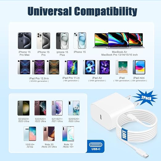 iPhone 17/16/15 Charger Fast Charging,2Pack 10FT Long USB C to C i Phone Fast Charging Cable Cord with 20W USBC Quick Charger Block Adapter for iPhone 17/16 Pro/15 ProMax/15 Plus,iPad 12.9/11/10.9/Air