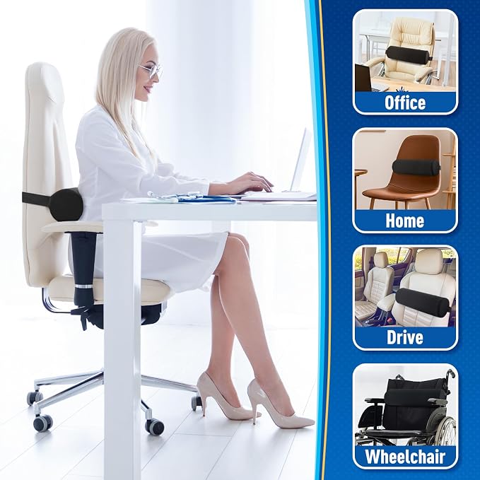 CushZone Seat Cushion, Lumbar Roll Support Pillow for Office Chair, Car, Gaming Chair, Memory Foam Back Cushion with Washable Cover for Relieving Back Pain & Improving Posture,Black
