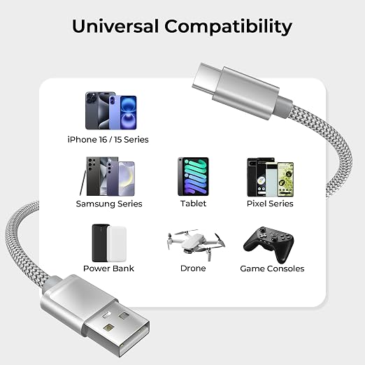 Basesailor for iPhone 17 16 Pro Max Charger Cord,USB to USB C Cable,Type C Charging Power Cord for Apple 17e 15 iPad 10 Air 4 5,Samsung Galaxy S26 S25 S24 S23,Silver,2Pack 1FT(0.3M)