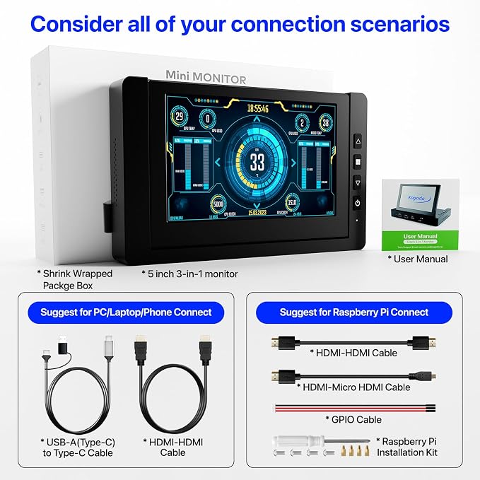 KOGODA 5-inch Mini Monitor for Raspberry Pi Mac mini, HUB & Speakers Combo, Type-C One-Cable Connection, IPS Portable Screen for PC Monitoring, Gaming/Streaming/AIDA64 DIY Partner