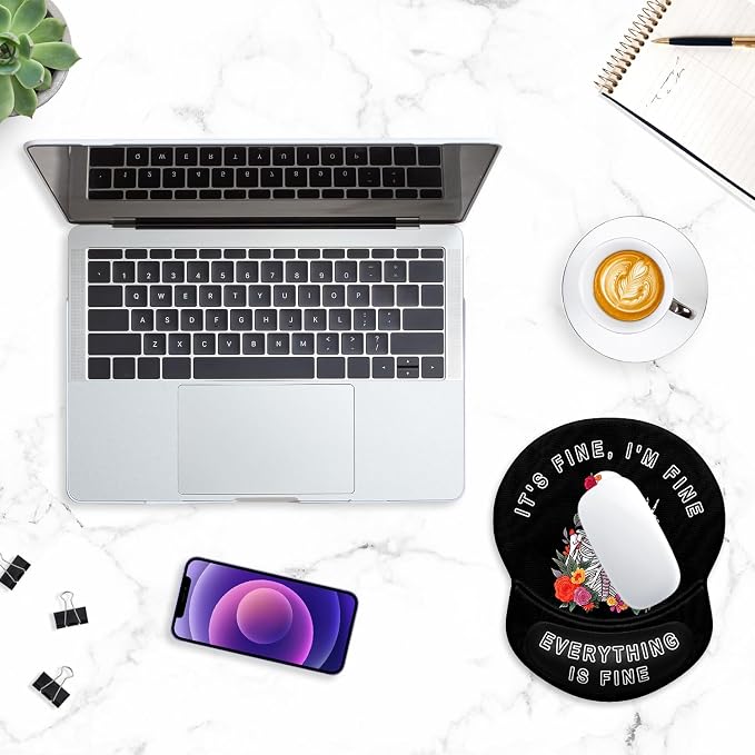 ITNRSIIET Ergonomic Mouse Pad with Gel Wrist Support Small Wrist Rest Smooth Surface Non-Slip PU Base Comfortable Office Supplies Pain Relief, 8.7 x 7.2 inches, Flower Skull