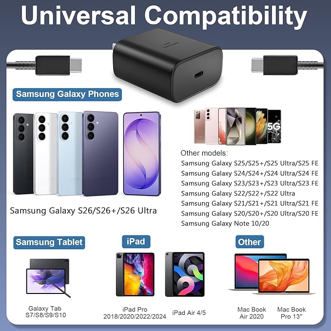 45W Super Fast Charger USB C Android Phone Type C Charger Fast Charging Block with 12FT Cord for Samsung Galaxy S26/S26 Ultra/S26+/S25 Ultra/S25/S24 Ultra/S24/S23 Ultra/S22/S21/S20/Note 10, Black