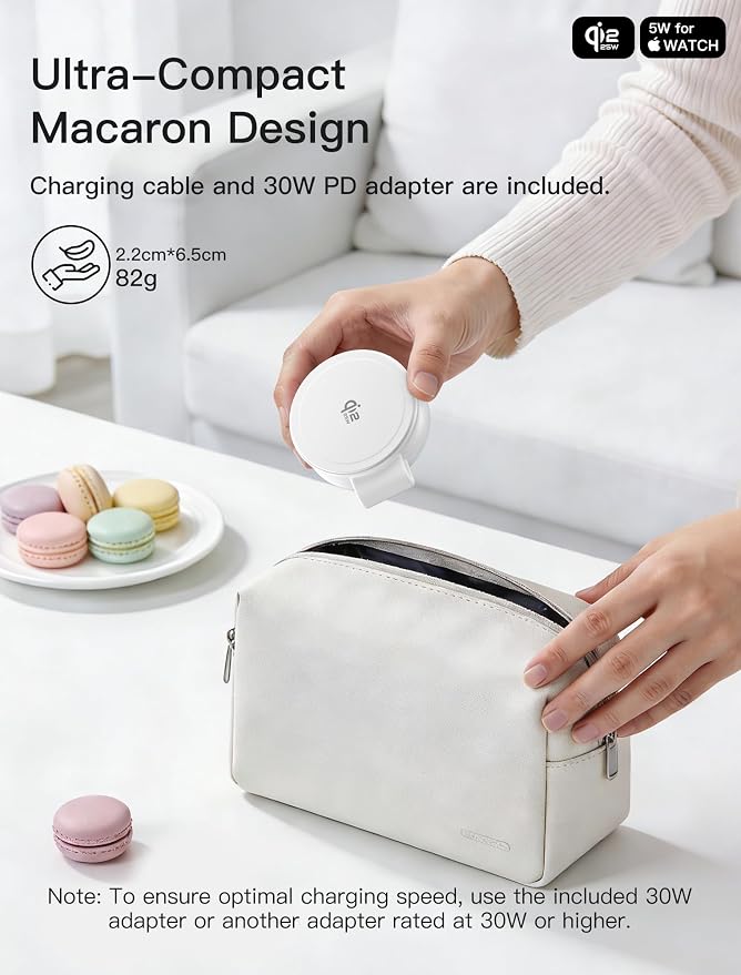 2 in 1 Magnetic Wireless Charger, Qi2 25W Fast Charging Travel Station Pad Compatible with MagSafe for iPhone Air/17/16/15/14/13/12, 5W for Apple Watch, AirPods 4/3/2/Pro with 30W Adapter (White)