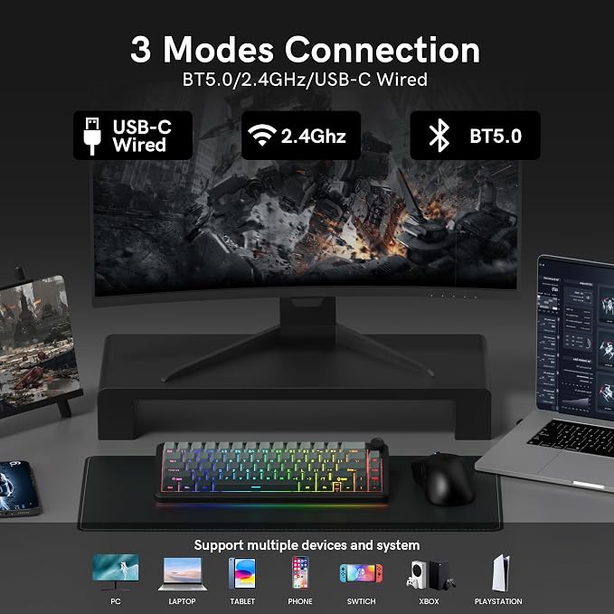 womier L65 60% Mechanical Keyboard Wireless with Knob, Black Gaming Keyboard 4000mAh Battery, Tri Mode USB-C/BT5.0/2.4G Gasket Mounted Key Board RGB Hot Swappable with Gradient keycaps-Linear Switch
