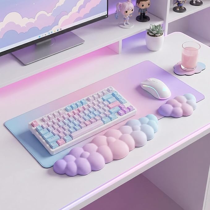 Cloud Mouse Pad Keyboard Wrist Rest 4PCS Extended Large Pink Sky Desk Mat Pad Set Memory Foam Non-Slip Cute Ergonomic Gaming Mouse Pad Wrist Support for Computer Laptop Home Office Pink Purple