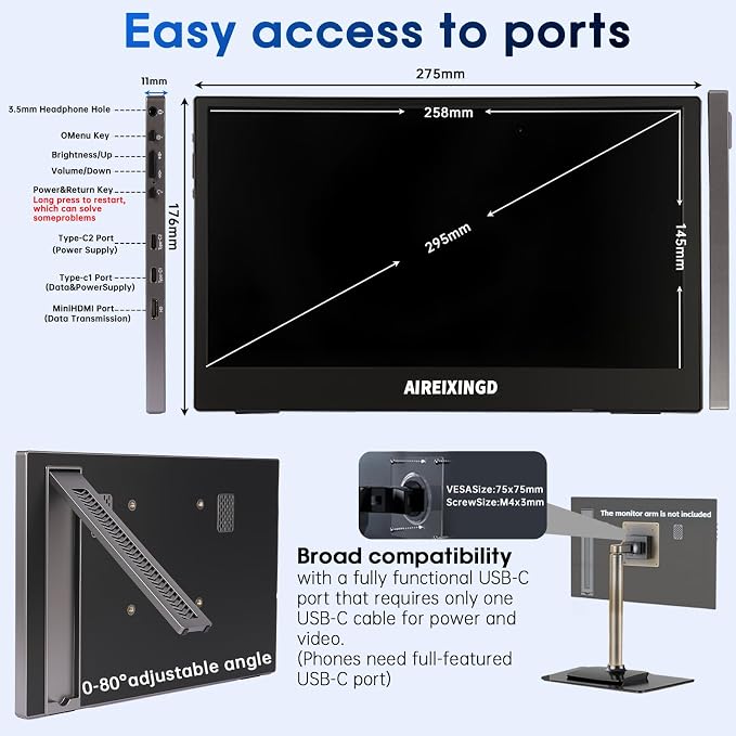 Portable Monitor 11.6'' 1080P FHD Weighs 450g, Portable Monitor for Laptop with Built-in Stand, Compatible with Type-C/Mini HDMI, Suitable for Laptop, PC, Mac,Phone, Xbox. Travel Monitor.
