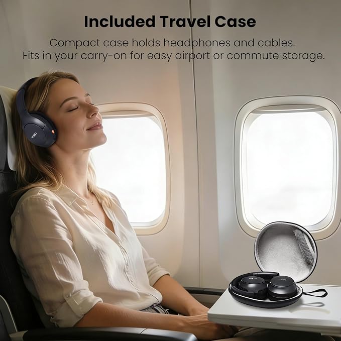 TOZO HT3 Hybrid Noise Cancelling Headphones, 90H Battery Life Wireless Over Ear Bluetooth 6.0 Foldable Headset, AI Voice Assistant with 5 Mics, Connect 2 Devices & Hi-Res Sound, 32 Audio EQ, with Case