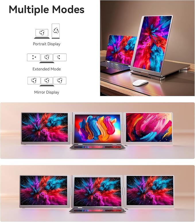 16" Laptop Screen Extender Monitor Portable, Quad Monitor, Just 1 Cable for 3 Screens, FHD 1080P IPS Laptop Extender Compatible with Wins/Mac for 13.6" - 18.5" Laptops