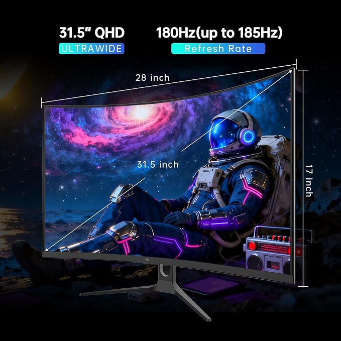 KTC 32 Inch Curved Gaming Monitor, 2K 180Hz Computer Monitor, Up to 185Hz, QHD 1500R PC Monitor 1ms with Adaptive Sync, DisplayPort/HDMI/USB, VESA Wall Mount, Tilt Adjustable, H32S5