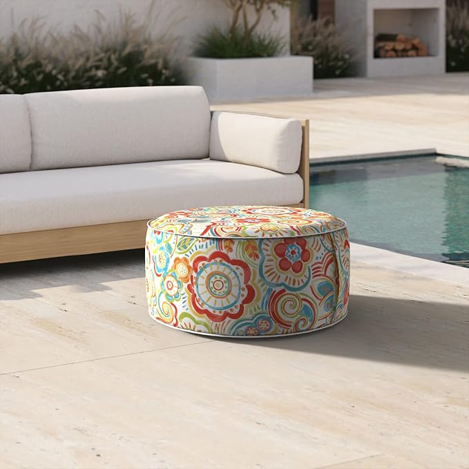DYTXIII Inflatable Ottoman Stool D21 xH9 for Outdoor/Indoor Use, Water Repellent Patio Foot Rest Stool with Portable Handle,Round Pouf Ottoman Suitable for Garden,Deck and Camping - Flower Red
