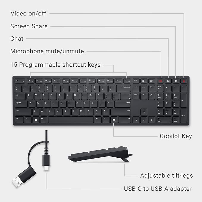 Dell KB525C Wired Collaboration Keyboard - USB-C & USB-A Versatile connectivity, 15 Programmable Shortcuts Keys, Collaboration Keys - Zoom & Microsoft Teams, Copilot Key, Silent Keys - Black