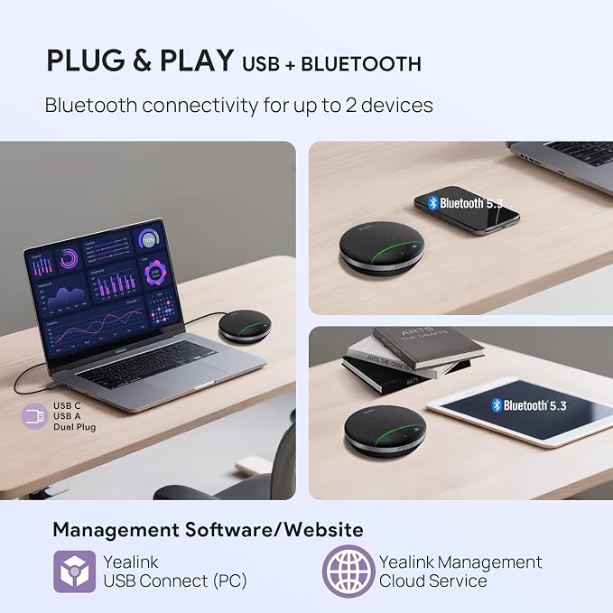 Yealink SP92 USB Speakerphone Bluetooth Conference Speakers and Microphone Teams Certified Full-Duplex Noise Reduction 360 Audio Pickup for Small Meeting Room (No Dongle)