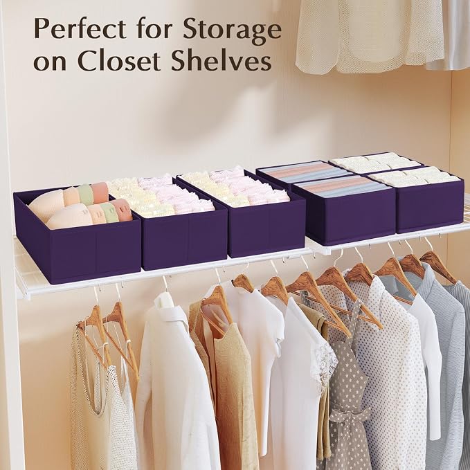 DIMJ Drawer Organizers Clothes, Set of 4 Dresser Organizer Bins, Fabric Closet Organizers and Storage, Shallow Drawer Dividers for Nursery, Clothing, Baby Clothes, Socks, Underwears, Tie (Purple)