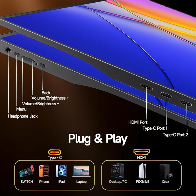 15.6" Portable Monitor 1080P FHD IPS, 250 Nits Brightness, Adjustable Kickstand with VESA Mount, USB-C HDMI, Dual Speakers, Ultra-Slim Travel Laptop Second Screen for Phone PC PS5 Switch