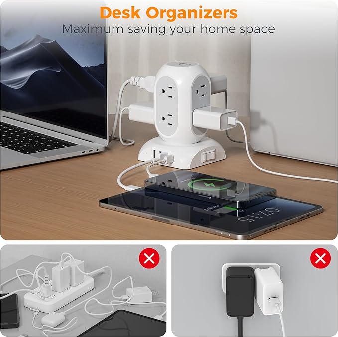 TESSAN Surge Protector Power Strip Tower, Flat Plug Extension Cord 10 Ft with 8 AC Multiple Outlets 4 USB Ports (1 USB C), 1050J Protection Desk Charging Station for Home, Office, Dorm Room, Gray