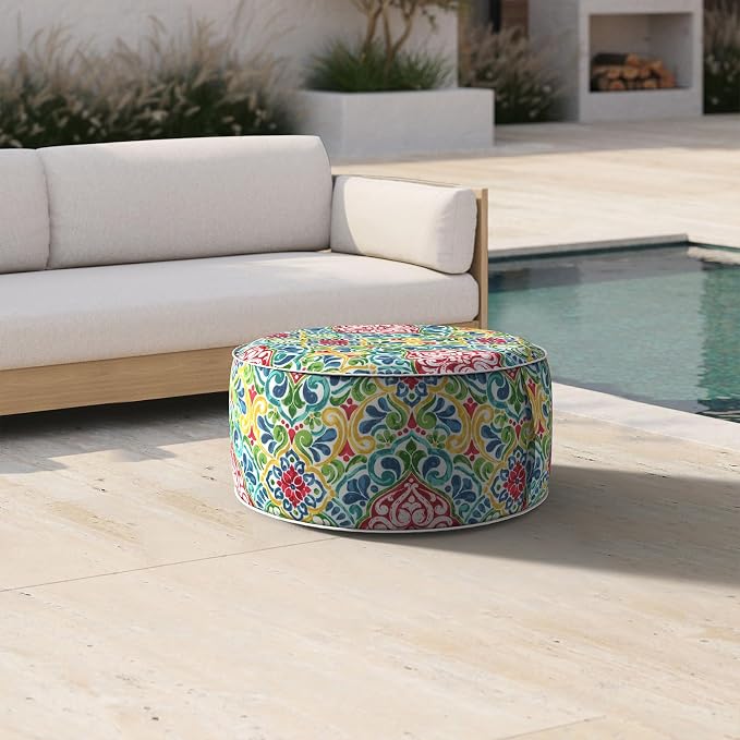 DYTXIII Inflatable Ottoman Stool D21 xH9 for Outdoor/Indoor Use, Water Repellent Patio Foot Rest Stool with Portable Handle,Round Pouf Ottoman Suitable for Garden,Deck and Camping - Damask Red
