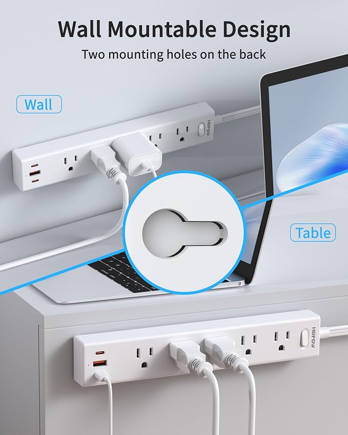 HOPOW Power Strip Surge Protector, 2 Pack, 6 Ft Ultra Thin Flat Extension Cord, Surge Protector with 5 Outlets & 3 USB Ports (2 USB C), 1700 Joules, 3-Prong, Wall Mount for Home Office Dorm, White