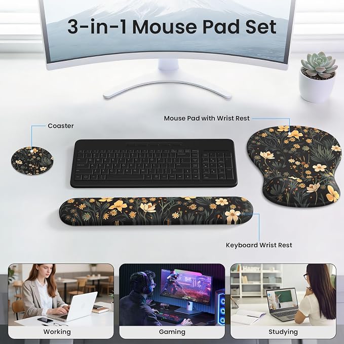 AKIT Ergonomic Mouse Pad and Keyboard Wrist Rest, 3-in-1 Memory Foam Wrist Rest for Computer Keyboard, Non-Slip Base, Pain Relief, Gel Mousepad Set for Gaming, Home and Office, Flower Black