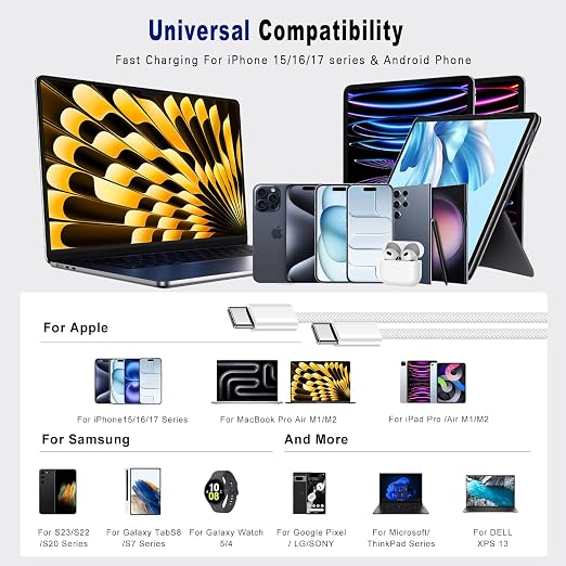 USB C to USB C Cable 3FT Certified 2Pack 60W usbc Woven Fast Charging Type C Charger Cord Compatible with iPhone 17/16 Pro Max Plus Samsung S23 Note 20 iPad Pro Air Mini MacBook Air