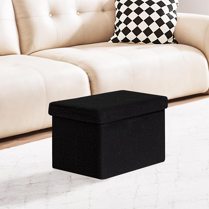 PINPLUS Storage Ottoman Cube Ottoman Foot Rest,Small Foldable Portable Boucle Upholstered Sherpa Ottomans, Faux Teddy Fur, Black 16.5"x12.6"x12.6"